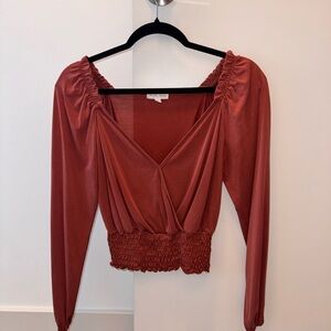 Moa Moa Rust Smocked Waist Long Sleeve V-Neck Top